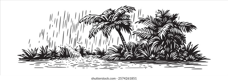 tropical rainforest with palm trees and rain hand-drawn illustration