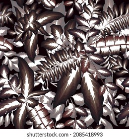 tropical rainforest plants leaves illustration with exotic bright botanical seamless pattern. Beautiful seamless background with tropical plants on black. Composition with exotic banana fern leaves