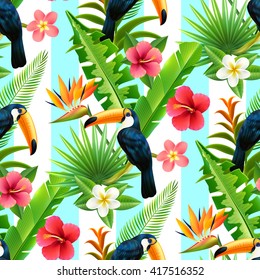 Tropical rainforest plants with toucan bird of paradise and hibiscus flowers seamless decorative design abstract vector illustration 