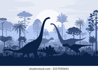 Tropical rainforest with prehistoric dinosaurs silhouettes in jungle forest, vector background. Dinosaurs, dino lizards and reptiles silhouettes in Jurassic rainforest for museum or paleontology atlas