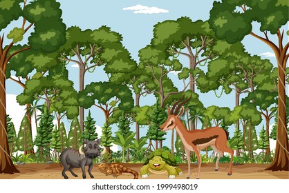 Tropical rainforest scene with various wild animals illustration