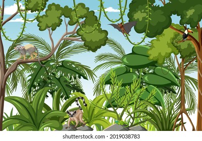 Escena tropical de la selva tropical con diversos ejemplos de animales salvajes