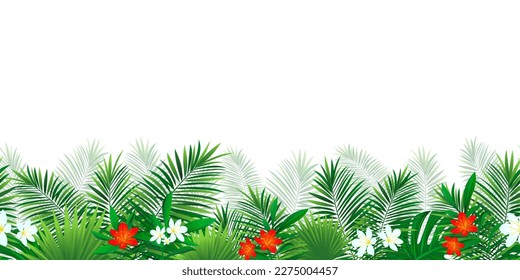 marco de borde sin costuras de selva tropical. ilustración vectorial con flores tropicales exóticas, hojas hermosas, plantas. Verano, viajes, diseño de vacaciones. Papel de fondo de pantalla de la plantilla Cute amazon