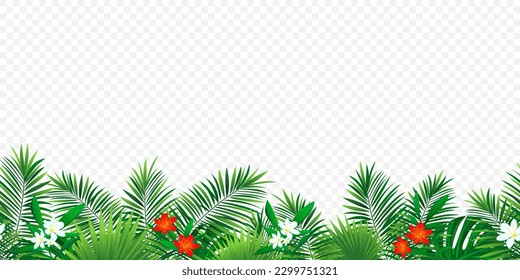 tropical rainforest seamless border frame. vector illustration with exotic tropic flowers, beautiful leaves, plants. Summer, travelling, vacation design. Cute amazon foliage template wallpaper