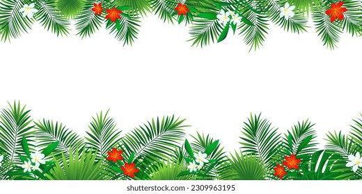 marco de borde sin costuras de selva tropical. ilustración vectorial con flores tropicales exóticas, hojas hermosas, plantas. Verano, viajes, diseño de vacaciones. Papel tapiz de la plantilla de follaje Cute amazon.
