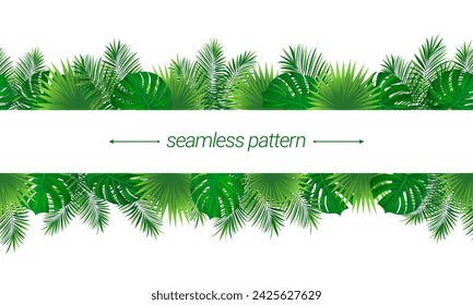 tropical rainforest seamless border frame. repeated vector illustration with exotic tropic leaves, plants and grass. Summer, travelling, vacation design. Cute amazon foliage template wallpaper.