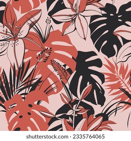 Tropical rainforest - seamless pattern. Pink and black monstera leaves and jungle flower. Jungalow Style.