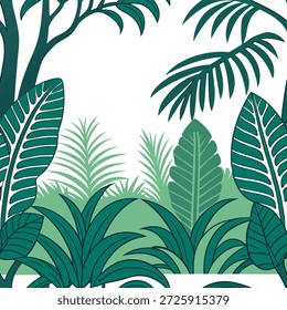 Padrão de azulejos sem costura da floresta tropical com folhagem densa e acentos florais vibrantes para configurações de casa exóticas conceito como Folhagem densa e acentos florais vibrantes criar padrão de azulejos sem costura da floresta tropical para configurações de casa exóticas no Conceito de Stock de Fotos e espaço vazio no lado esquerdo, sem texto —ar 7:2 —tile