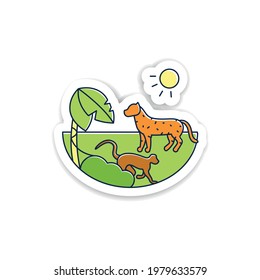 Tropical rainforest sticker.Humid and warm place.Located near the equator badge for designs.Living place for dangerous animals like jaguar and monkeys vector emblem