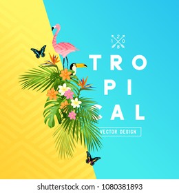 Tropical rainforest summer design with palm tree leaves, Plumerias, and tropical birds. vector illustration.