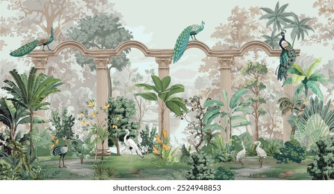 Papel de Parede Floresta Tropical, Mural Jardim Mughal, Pavão, Fundo Aquarela.