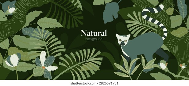 Tropical rainforest wildlife background vector with ring tailed lemur, lush green foliage and exotic flowers. Natural jungle design for wallpaper, fabric, packaging and interior decor.