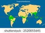 Tropical rainforests, rain forest in earth equator map.  Green trees location atlas. Oxygen climate earth. Monsoons followed by a dry season, Rainfall are moist deciduous forests . Vector illustration