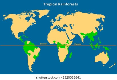 Tropical rainforests, rain forest in earth equator map.  Green trees location atlas. Oxygen climate earth. Monsoons followed by a dry season, Rainfall are moist deciduous forests . Vector illustration