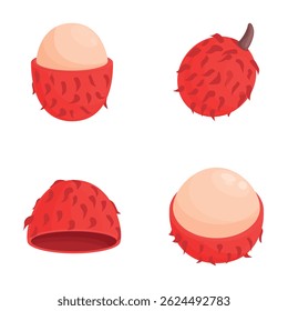 Tropical rambutan icons set cartoon vector. Whole and half of fresh fruit. Natural food, healthy nutrition