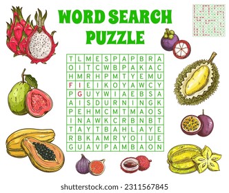 Tropical raw fruits word search puzzle game worksheet, quiz grid. Vector crossword with papaya, maracuya, fig and durian, mangosteen and guava, pitaya or carambola exotic fruits word task riddle