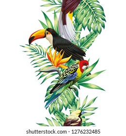 Tropical realistic bird parrot, toucan. Green leaves and fiery flowers bird of paradise seamless white background