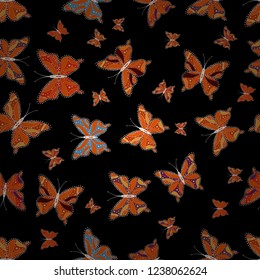 Tropical realistic butterfly. Beautiful colorful butterfly on black, orange and white background. Vector. Illustration of butterfly. Bright tattoo for your back.