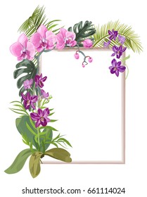 Tropical rectangular frame with bouquet pink, purple orchids, flowers and buds, green palm, bamboo, monstera leaves on white background, digital draw illustration, template for design, vector