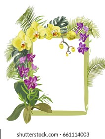 Tropical rectangular frame with bouquet yellow, purple orchids, flowers and buds, green palm, bamboo, monstera leaves on white background, digital draw illustration, template for design, vector