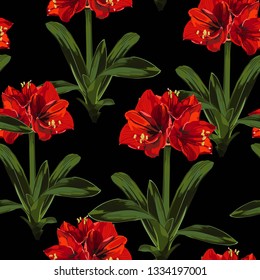 Tropical red Amaryllis (Hipperastrum) lily flowers with leaves, black background. Floral seamless pattern. Tropical illustration.  Summer beach design. Paradise nature.