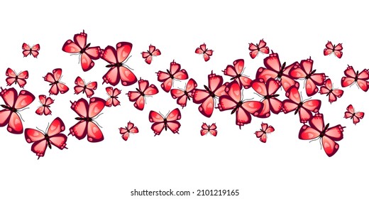 Tropical red butterflies cartoon vector wallpaper. Summer ornate moths. Simple butterflies cartoon dreamy background. Delicate wings insects patten. Garden creatures.