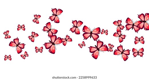 Tropical red butterflies cartoon vector wallpaper. Spring beautiful insects. Decorative butterflies cartoon kids illustration. Sensitive wings moths graphic design. Fragile creatures.
