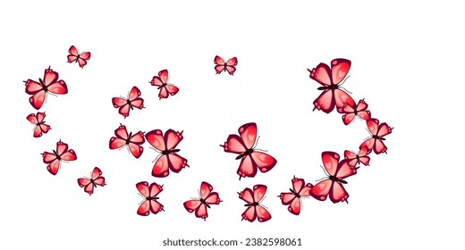 Tropical red butterflies flying vector background. Summer funny moths. Detailed butterflies flying fantasy illustration. Tender wings insects graphic design. Tropical creatures.