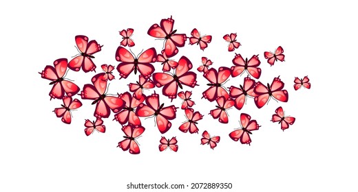 Tropical red butterflies isolated vector wallpaper. Spring funny moths. Detailed butterflies isolated kids illustration. Delicate wings insects graphic design. Tropical beings.