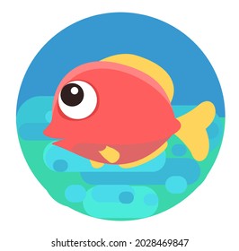 Tropical red fish. Little landscape. Underwater life. Wild animals. Ocean, sea. Summer water. Isolated on white background. Illustration in cartoon style. Flat design. Vector art