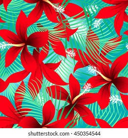Tropical red frangipani hibiscus with palms seamless pattern .