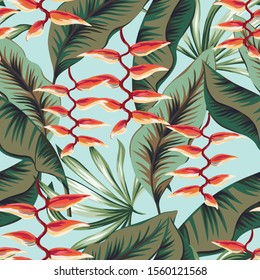 Tropical red heliconia flowers, green banana palm leaves background. Vector seamless pattern. Jungle foliage illustration. Exotic plants. Summer beach floral design. Paradise nature