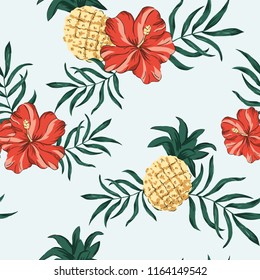 Tropical red hibiscus flowers, pineapples, palm leaves, light background. Vector seamless pattern. Jungle illustration. Exotic plants and fruits. Summer beach floral design. Paradise nature