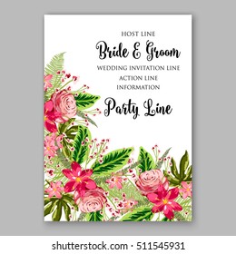 Tropical red hibiscus and pink rose with tropical palm leaf wreath. Romantic wedding invitation template design with exotic floral bridal bouquet.