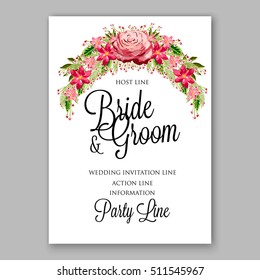 Tropical red hibiscus and pink rose with tropical palm leaf wreath. Romantic wedding invitation template design with exotic floral bridal bouquet.