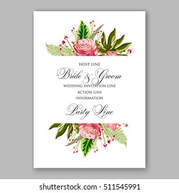 Tropical red hibiscus and pink rose with tropical palm leaf wreath. Romantic wedding invitation template design with exotic floral bridal bouquet.