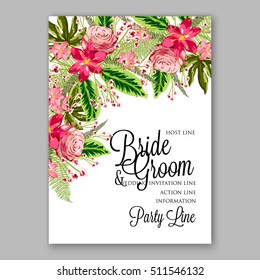 Tropical red hibiscus and pink rose with tropical palm leaf wreath. Romantic wedding invitation template design with exotic floral bridal bouquet.