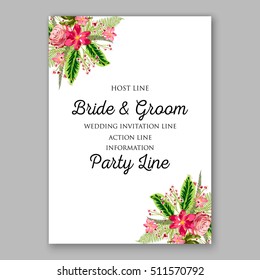 Tropical red hibiscus and pink rose with tropical palm leaf wreath. Romantic wedding invitation template design with exotic floral bridal bouquet.