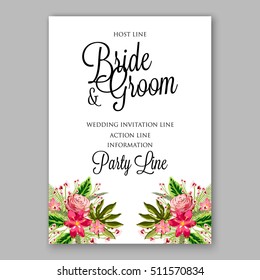 Tropical red hibiscus and pink rose with tropical palm leaf wreath. Romantic wedding invitation template design with exotic floral bridal bouquet.