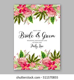 Tropical red hibiscus and pink rose with tropical palm leaf wreath. Romantic wedding invitation template design with exotic floral bridal bouquet.