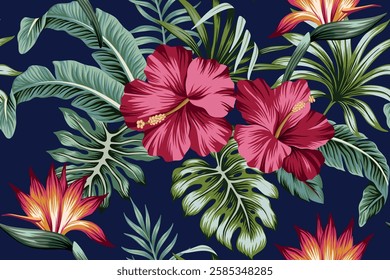 Tropical red hibiscus and strelitzia floral green palm leaves seamless pattern dark blue background. Hawaiian wallpaper.