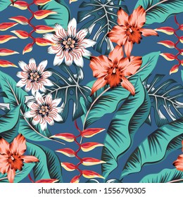 Tropical red orchid, heliconia flowers, teal monstera, banana palm leaves background. Vector seamless pattern. Jungle foliage illustration. Exotic plant. Summer beach floral design. Paradise nature