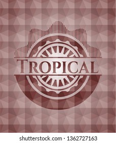 Tropical red seamless emblem or badge with abstract geometric polygonal pattern background.