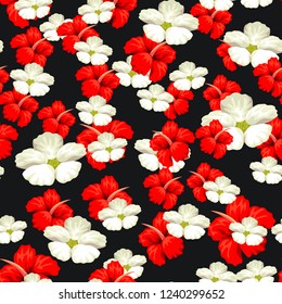 Tropical red and white flower seamless vector pattern, floral fashionable tropic background for fabric textile, exotic floral texture, trendy natural hand drawn leaves for fashion textile on black