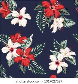 Tropical red, white hibiscus flowers and leaves bouquets, navy background. Vector seamless pattern. Jungle floral illustration. Exotic plants. Summer beach design. Paradise nature