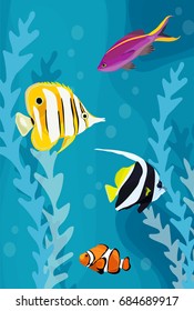 Tropical reef fish colorful vector background illustration