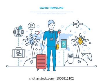 Tropical relax. Man is resting, vacationing in warm countries, relaxes, restores physical and mental strength. Exotic traveling to sea, tropical countries, vacation. Illustration thin line design.