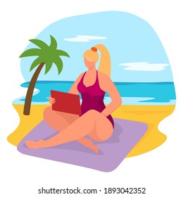 Tropical relaxation beach front side, cheerful vacation woman sitting hold gadget tablet flat vector illustration, isolated on white. Hot country resting spot, ocean with sand coast, palm tree.
