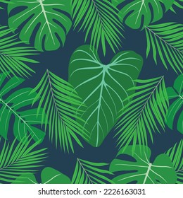 Tropical repeat pattern with palm leaves and monstera leaves on dark green background