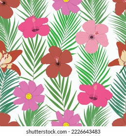 Tropical repeat pattern with palm leaves and hibiscus flowers on off-white background.
